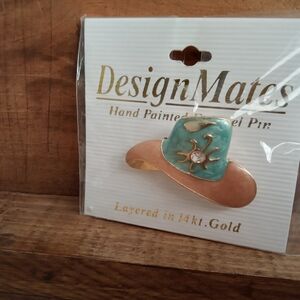 Design Mates 14k Gold Teal And Blush Cowboy Hat Brooch
